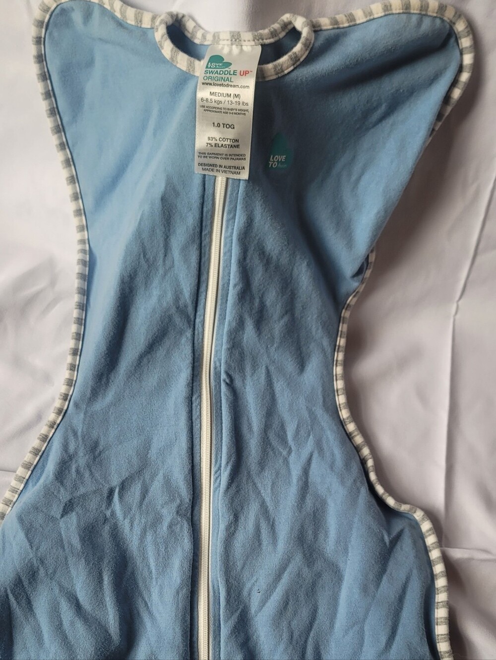 Love to dream Light Blue Baby Swaddle Sleep Sack with Striped Trim